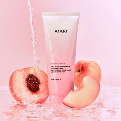 Anua Peach Niacin Spread Cleansing Foam Korean facial cleanser
Anua Peach Niacin cleansing foam texture and packaging
Anua niacinamide peach cleanser for oily acne-prone skin