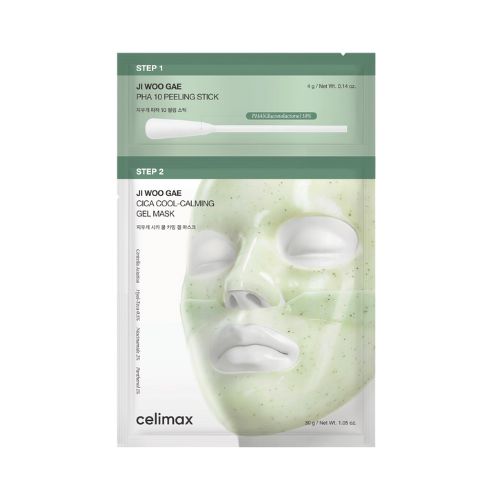 Celimax Ji Woo Gae Cica PHA 2 step gel mask packaging
PHA peeling stick and cica hydrogel mask set inside box
Korean pore calming gel mask applied on face