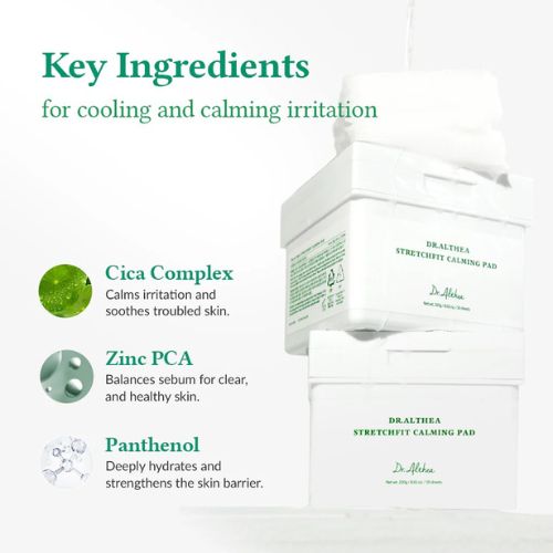Dr. Althea Stretchfit Calming Pad container and stretchable pad
Korean soothing toner pads for sensitive and acne-prone skin
Cooling cica calming pads packaging for daily skincare routine
