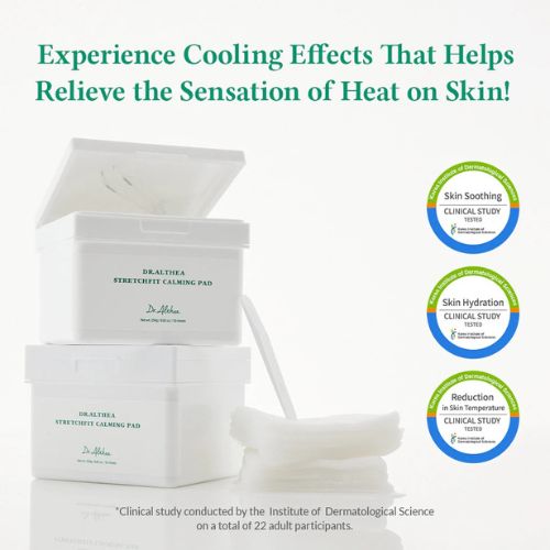 Dr. Althea Stretchfit Calming Pad container and stretchable pad
Korean soothing toner pads for sensitive and acne-prone skin
Cooling cica calming pads packaging for daily skincare routine