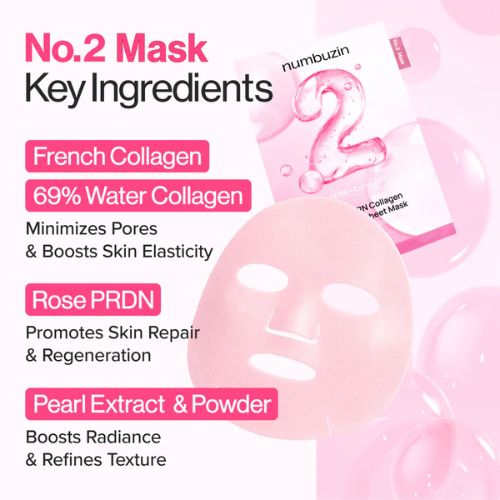 Numbuzin No. 2 Collagen Sheet Mask – hydrating face mask with Rose PDRN and 9 peptides,Firming and plumping sheet mask for tired, sagging skin – with collagen-rich serum and Rose PDRN,Anti-aging sheet mask in Dubai – Numbuzin No. 2 collagen mask for glow, elasticity, and fine lines
