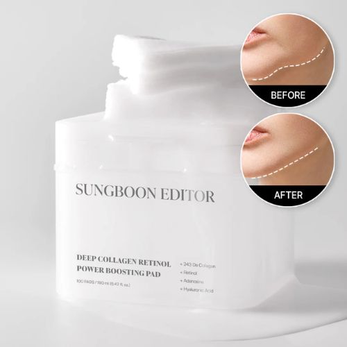 Sungboon Editor Deep Collagen Retinol Power Boosting Pads – Korean anti-aging toner pads with collagen and retinol for glowing, hydrated skin, available in UAE
