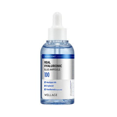 Wellage Real Hyaluronic Blue 100 Ampoule bottle packaging
watery hyaluronic ampoule texture close-up swatch
Korean hydration serum for dry and sensitive skin
authentic Korean skincare UAE Crescite Beauty display