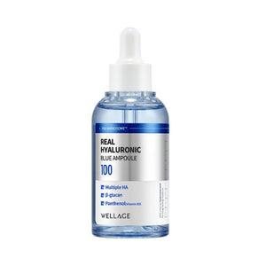 Wellage Real Hyaluronic Blue 100 Ampoule bottle packaging
watery hyaluronic ampoule texture close-up swatch
Korean hydration serum for dry and sensitive skin
authentic Korean skincare UAE Crescite Beauty display