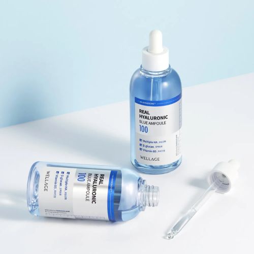 Wellage Real Hyaluronic Blue 100 Ampoule bottle packaging
watery hyaluronic ampoule texture close-up swatch
Korean hydration serum for dry and sensitive skin
authentic Korean skincare UAE Crescite Beauty display